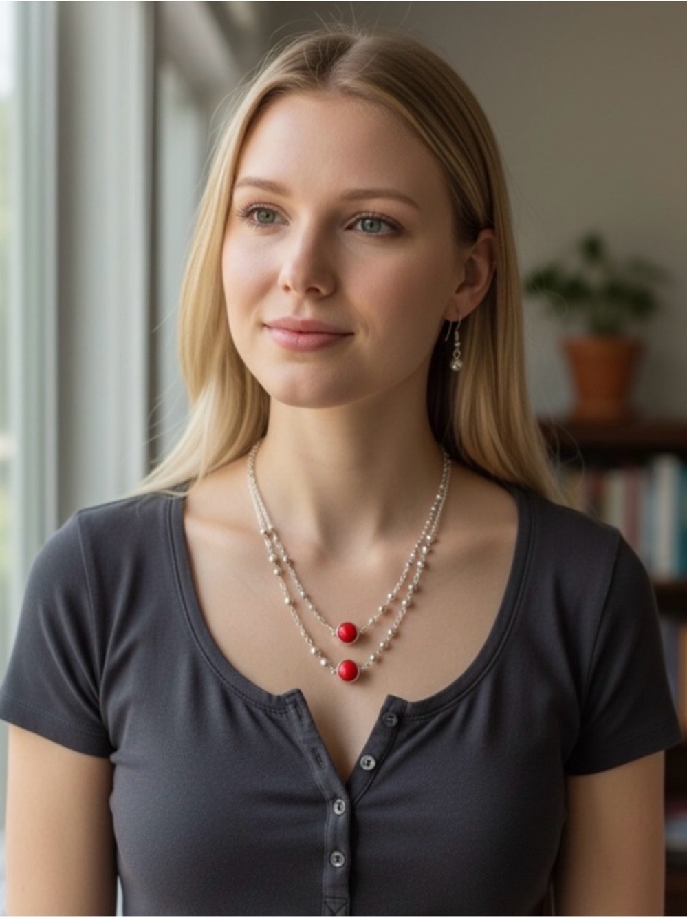 Pearl & Red Bead Double Strand Necklace - Unbranded